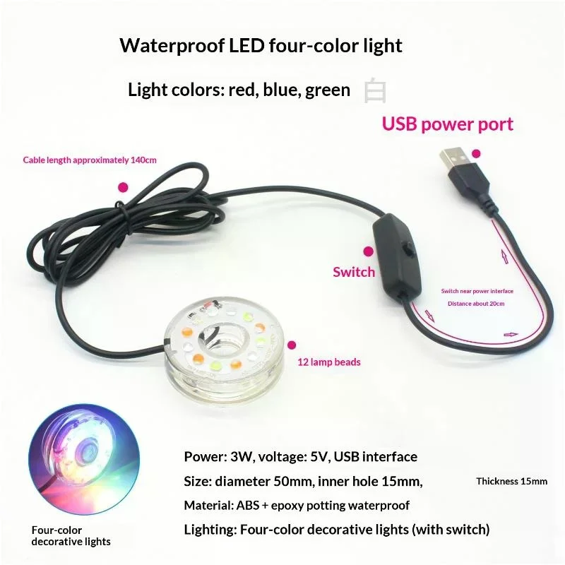 1Pcs DC 방수 라운드 램프 USB LED 조명 물고기 탱크 풀 정원 수족관 장식 조명을위한 구멍이있는 다채로운 빛