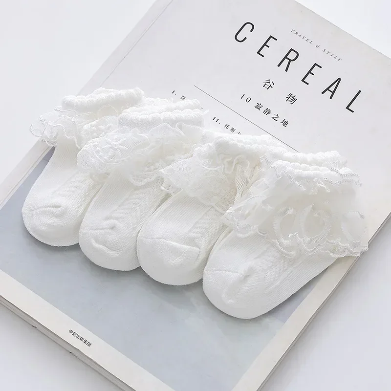 4 Pairs of Spring/Summer Korean Fashion Children's Lace Baby Loose Mouth White Mesh Thin Dance Girl Princess Socks