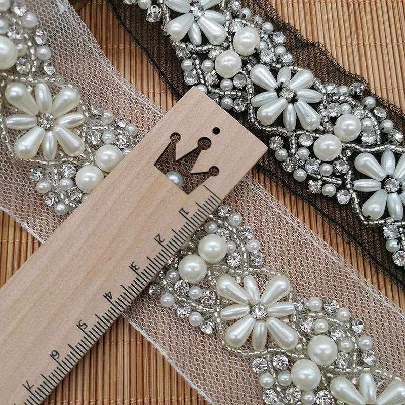 Tela De Encaje Con Cuentas 3D De Flor Blancas De 5CM De Ancho, Cinta Bordada, Cuello, Apliqu