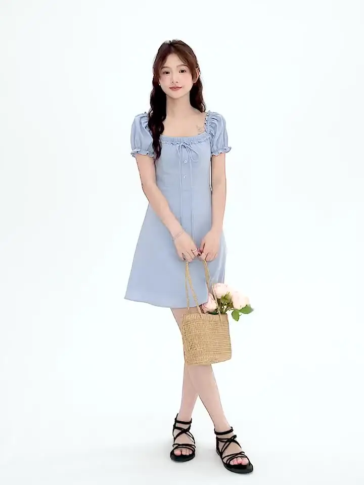 Женское весеннее синее платье с пышными рукавами милое мини-платье