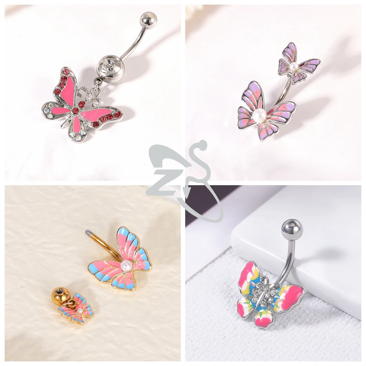 ZS 1 Piece Pink CZ Crystal Pendant Belly Button Rings Cute Heart Butterfly Flower Stainless Steel Navel Piercings Body Jewelry