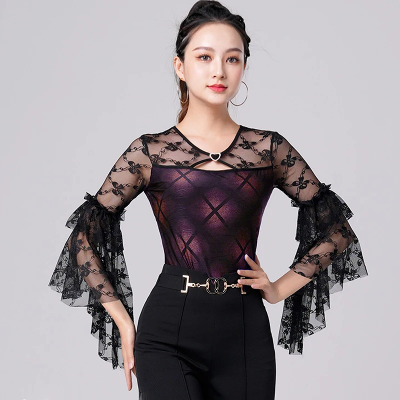 

Ballroom Dance Clothes 2 Colors Flare Sleeve Bodysuit Prom Tango Dancing Costume Adult Waltz Dance Practice Dancewear DL10546