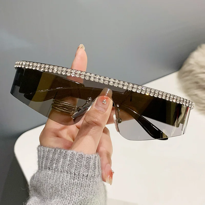  - Clear Rhinestone Sunglasses Rimless Square Flat Top Shield Sunglasses Wraparound One Piece Sun Glasses Silver Black Shades Y2k