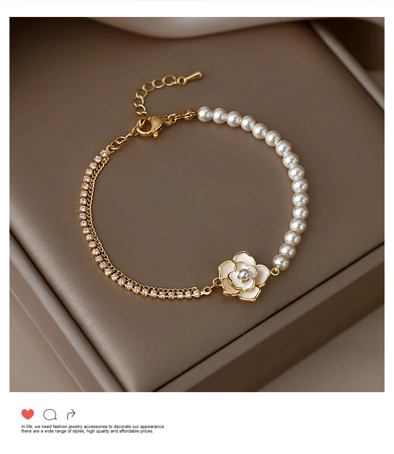 Französische elegante weiße Emaille Kamelie Blume Perle Kette Charm Armbänder für 2024 Damen süße Accessoires Mädchen Handgelenk Schmuck – Detail 2