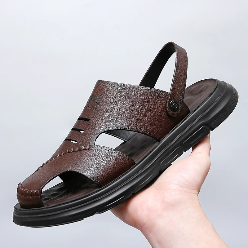 

Mens Sandals Leather Men Summer Shoes 2024 Flat Beach Sandals Male Black Leather Shoes