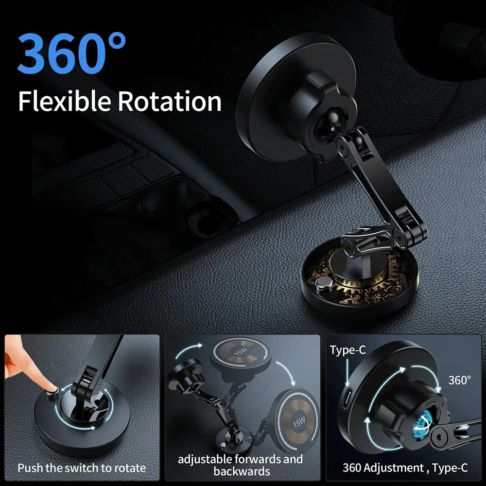 Magnetic Car Phone Holder Mount Wireless Charger Fast Charging Rotation Magnetic Car Phone Stand for IPhone 16 15 14 13 Samsung
