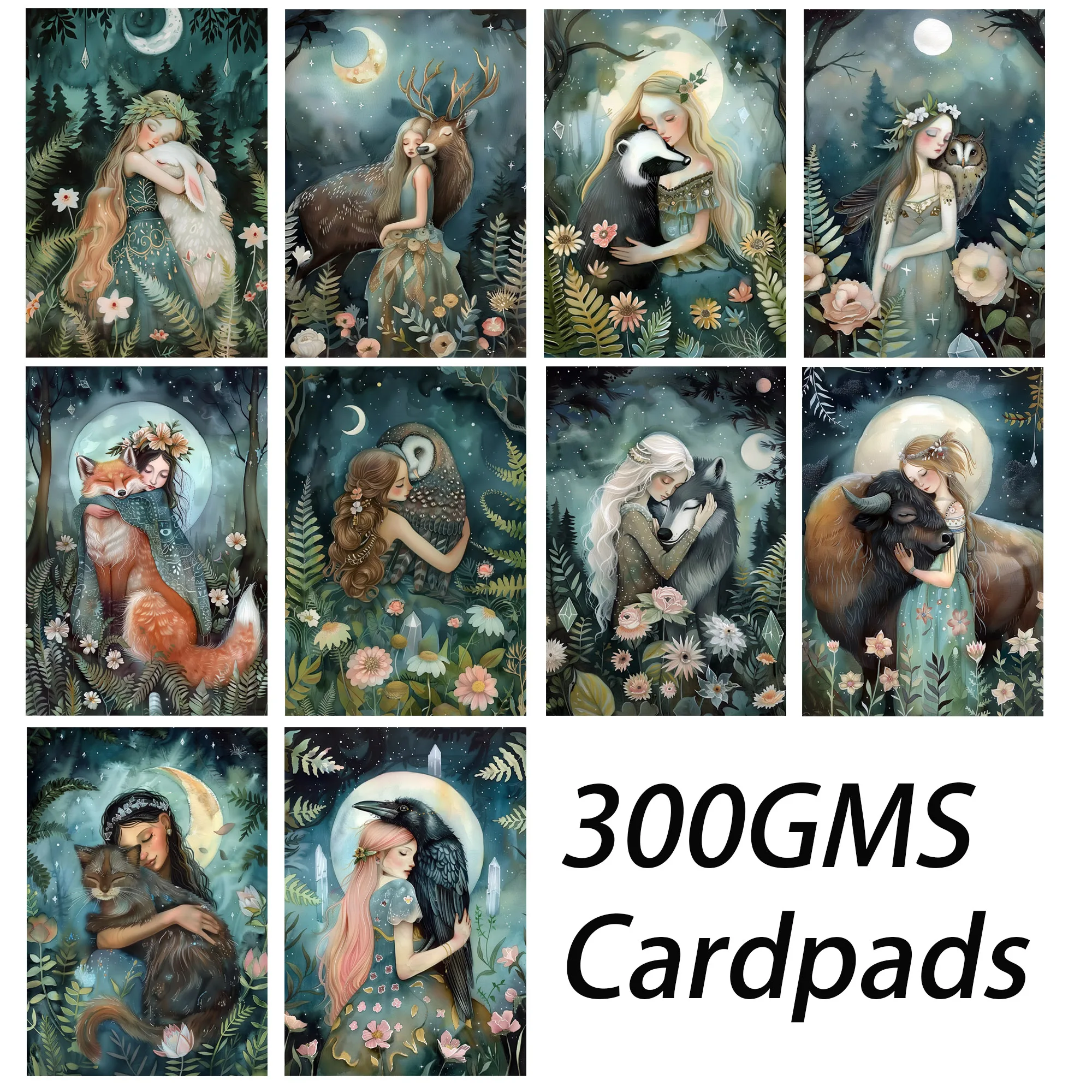 52-54pieces Forest Nymphs Hugging Animals DIY Writable Postcard Set with Envelopes and Stickers for Scrapbooking