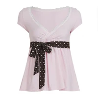 [RUOKE] Top à nœud papillon pour femme, printemps-été, rose, style babydoll, Y2K, à pois, col en V, coupe trapèze, T-shirt féerique mignon, Coquette 5