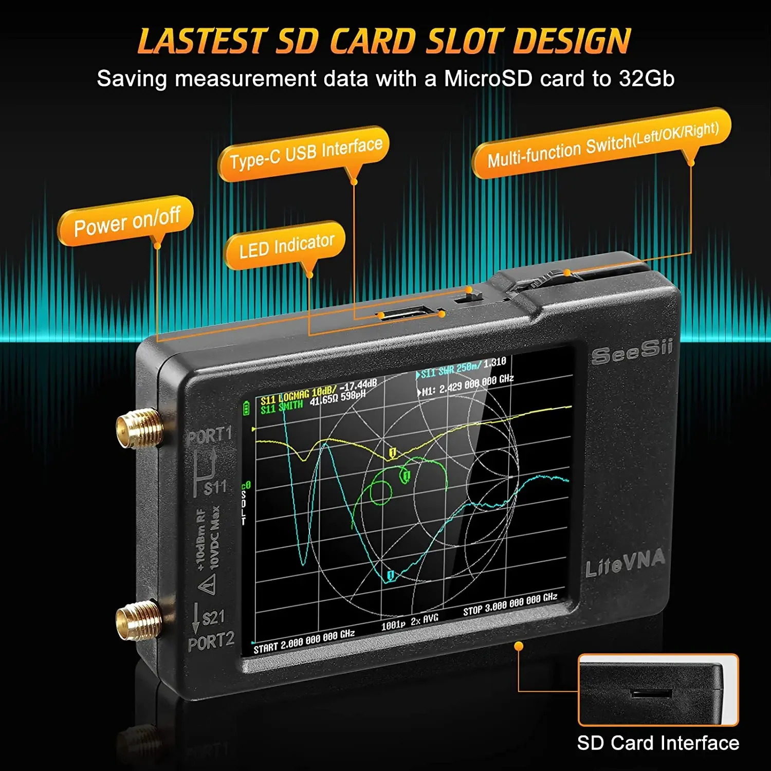 LiteVNA Pro 6.3GHz Vector Network Analyzer with Touchscreen,MicroSD Slot,S21/S11/SWR for HF/VHF/UHF Antenna Testing Smith Chart