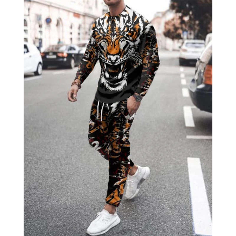 BUTZ 3D Printing Men Spring and Autumn Long Sleeve Suit 2 Pieces Fashion Street Sports Domineering Tiger 3D Printing