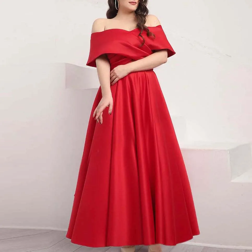 

Red Satin Boat Neck A-Line Prom Evening Dresses Floor Length Formal Party Dress for Women Party فساتين السهرة