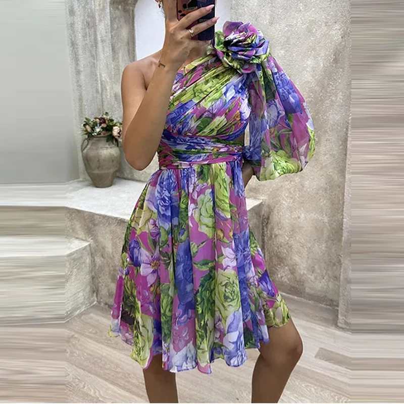 

Elegant Tie-dye Print Dress Women Casual Fashion Oblique Shoulder Pleated Mini Dresses Summer Autumn Lady Party Evening Vestidos