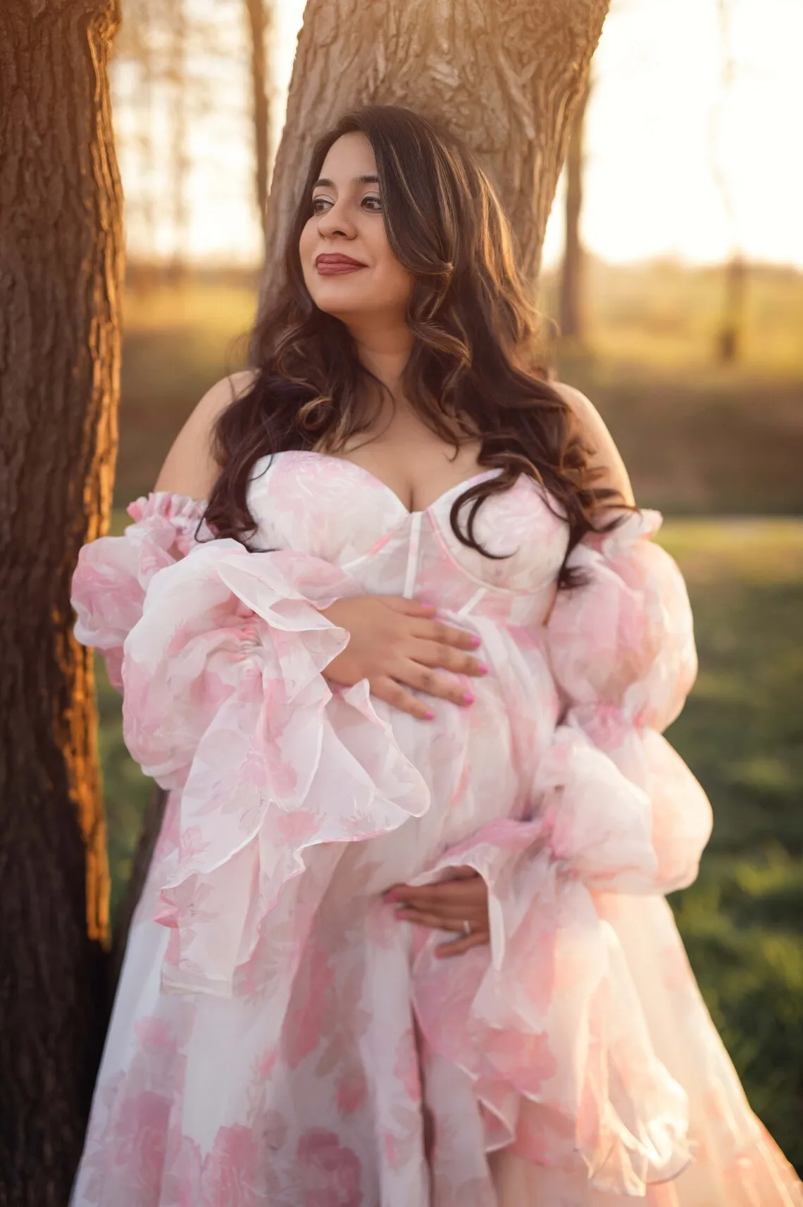 Růžová organza těhotenské šaty pro babyshower pryč rameno dlouhé rukávy ples šaty soumrak talár iluze vestidos pro prengnancy