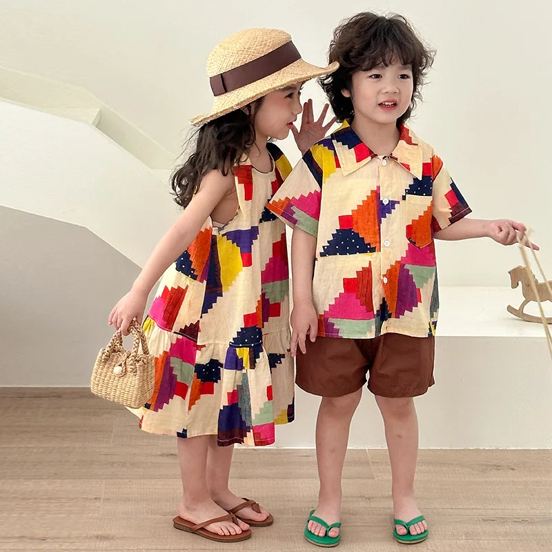 Kids Summer Outfit Boys Lapel Shirt Shorts Girls Colorful Dress