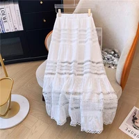 Embroidery Eyelet Cut-out Maxi Skirt White Cotton Semi Sheer Flowy Long Skirt Women Boho Summer Vacation Fairycore Outfit - Image 2