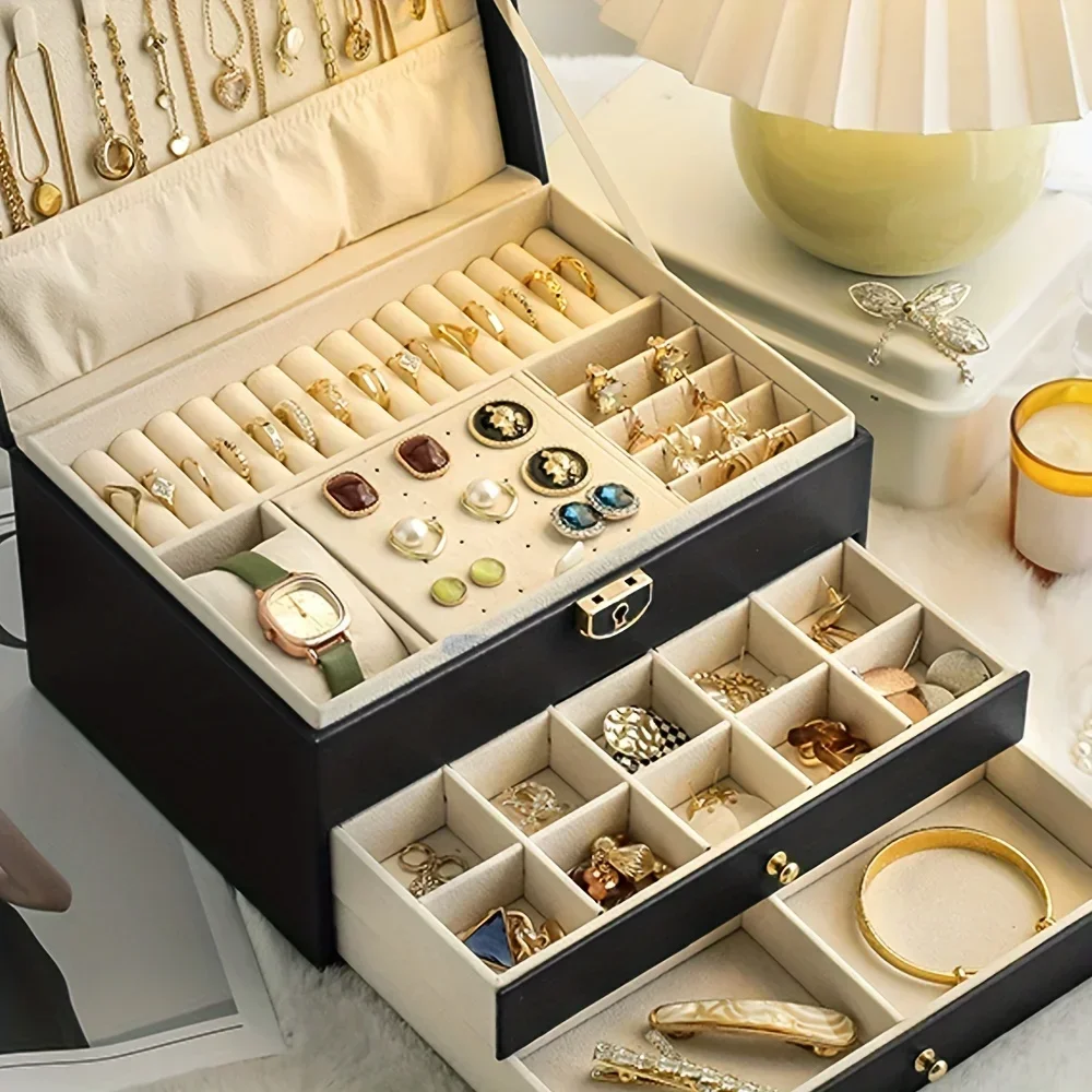 1pc Multi Functional Three Layer Leather Drawer Style Jewelry Box Earrings Earrings Lock Jewelry Box