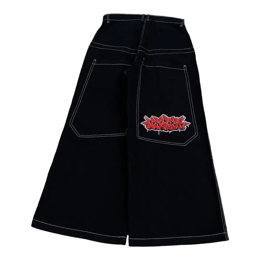 Vintage 2000s Wexwear Black Pants Men Women Hip Hop Embroidered Y2k Baggy Jeans Streetwear Harajuku High Waist Wide Trouser 5