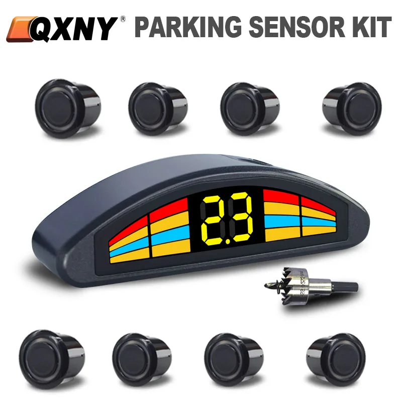 Car Parking Sensor 8 Reversing Sensors Kit White Reverse Backup Radar System Assistance with Front and Rear Buzzer Alert Alarm Reminder Distance Detection LED Display 
