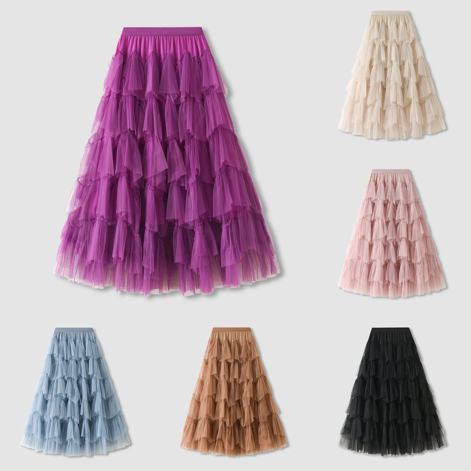 

Tutu Cake Skirts Women Elegant Ruffles Tiered A Line Tulle Long Skirts Female Casual Elastic Waist Mesh Party Skirt Faldas