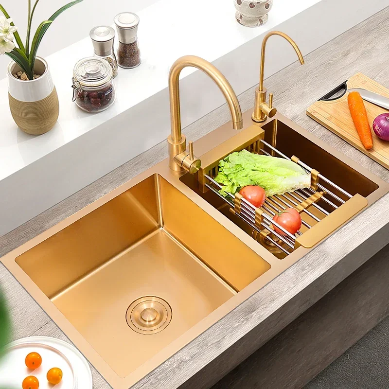 

Thickened Parvenu Gold Nano Antibacterial 304 Handmade Large Double Slot Kitchen Stainless Steel Vegetable Washing Double-Sink