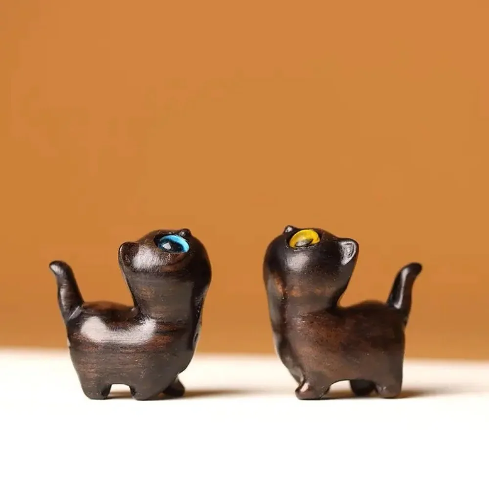 Wooden Cat Figurine Miniature Carving Ornament