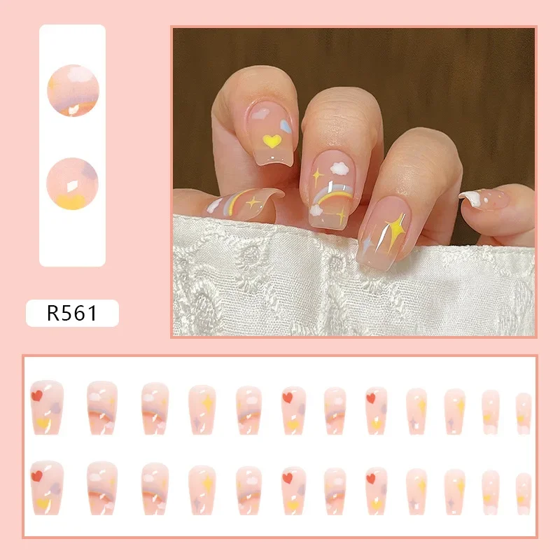 Cute Childlike Rainbow Nail Art Full Cover Artificial Fake Nails Wearing Reusable 24P Ballerina Press on