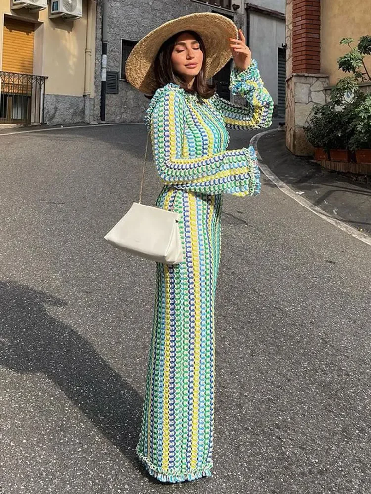 

Women Contrast Micro Flared Sleeve Long Dress Elegant Backless Slim Fit Robes Autumn Fashion Female Vacation Party Vestidos