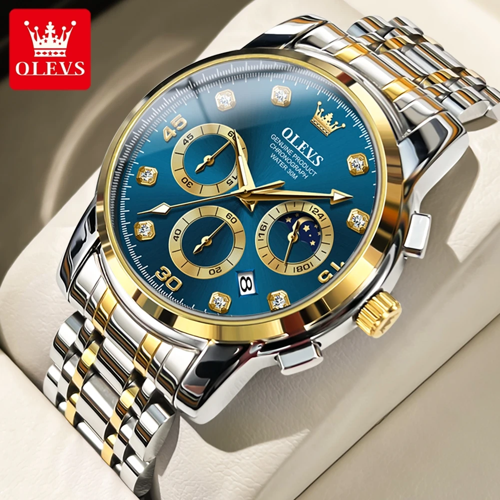 OLEVS 2889 Original Quartz Watch for Men Moon Phase Chronograph Business Man Watch Stainless Steel Waterproof Luxury Wristwatch