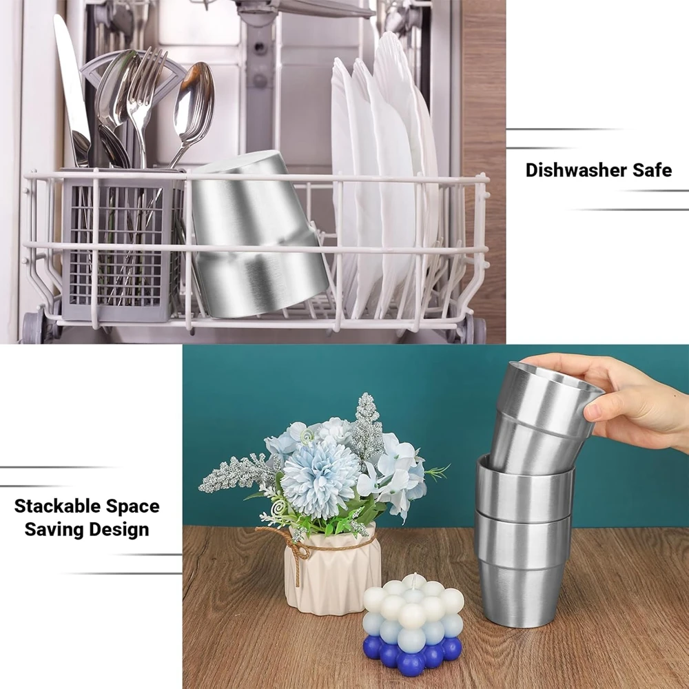 Stainless Steel Cups 4 Pack 10oz 6oz Double Wall Stackable Insulated For Travel Camping Home Outdoor
