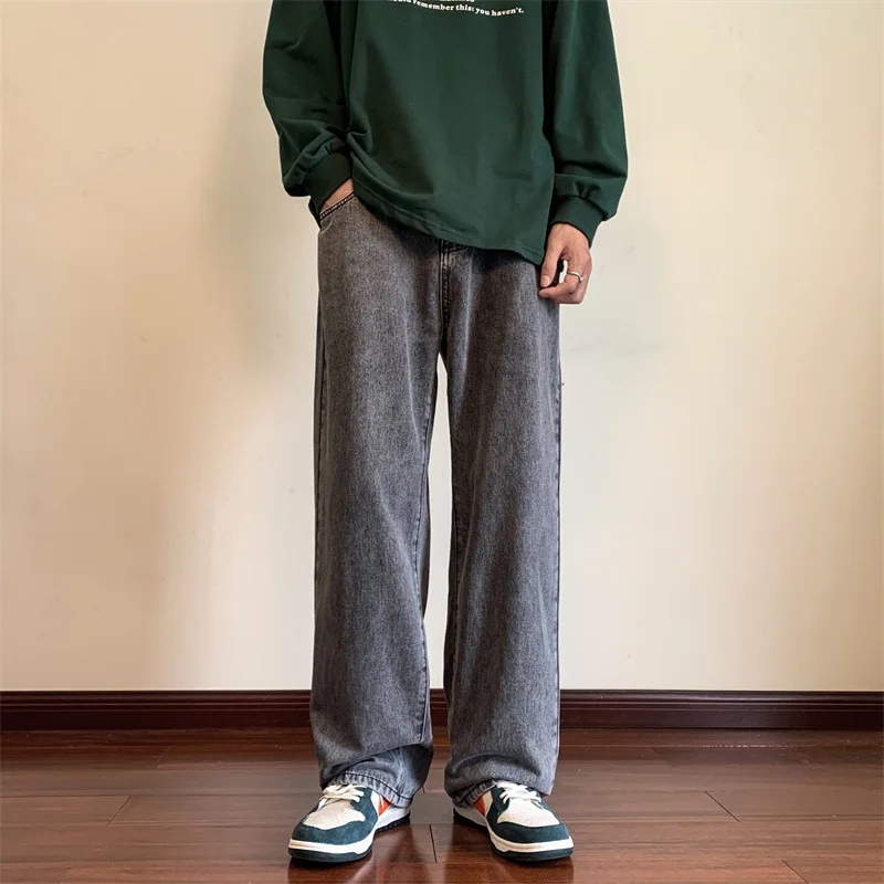 Smoky Gray Printed Jeans Men's Loose Straight Wide-Leg Pants High Street Ins Fashion Brand Drape Daddy Pants