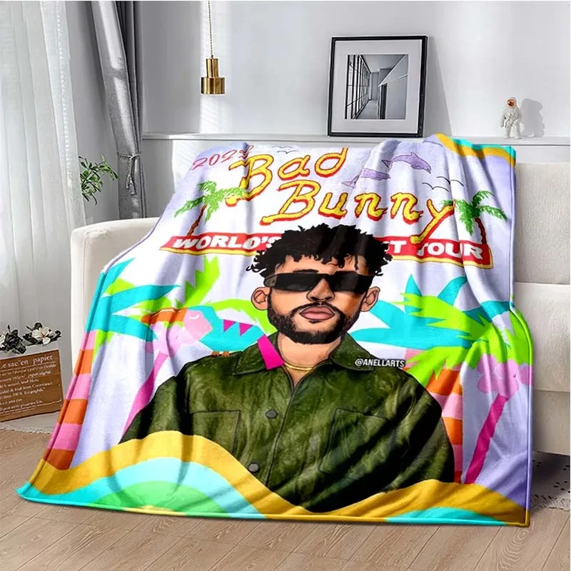 

3D Printing Cartoon Bad Bunny Warm Blanket Popular Rapper Flannel Throw Blanket for Bed Bedroom Sofa Picnic Blanket Gift for Fan