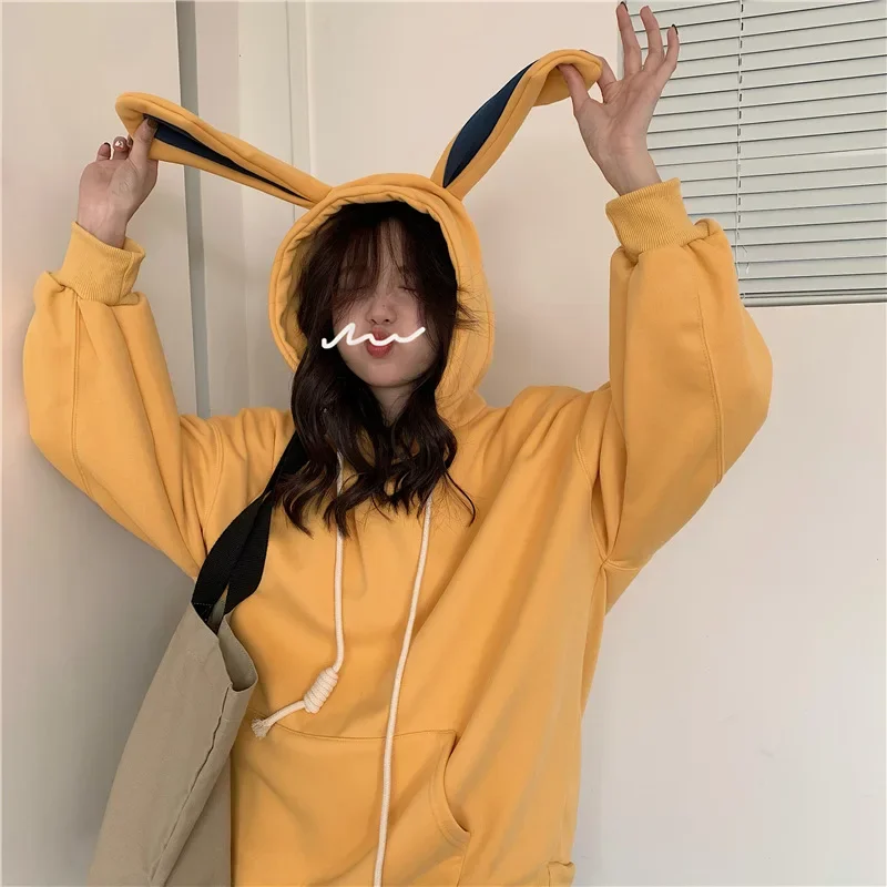 Fashion 2022 Korean Cute Kawaii Harajuku Loose Plus Fleece Sweater Rabbit Ears Hooded Long-sleeved Sweater Pullover Sweatshirt