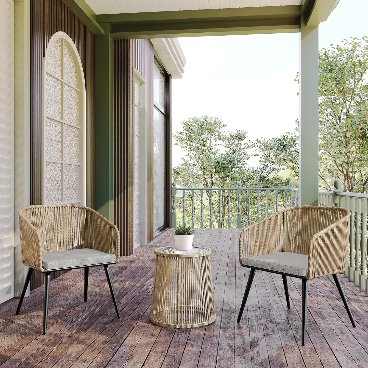 

Patio Furniture Set, 3-Piece Outside Bistro Set Handwoven Rattan Wicker Chairs with Waterproof Cushions, Tempered Glass Table