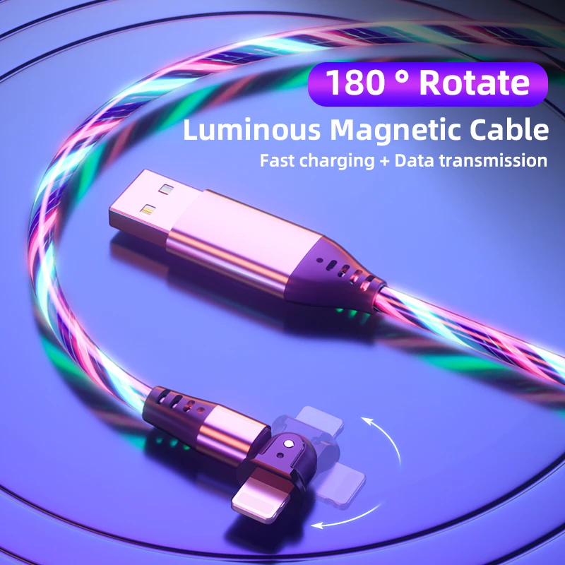 

180 Degrees Rotating Current Luminous Lighting Charging Mobile Phone Cable USB C Cable for XiaoMI Micro USB Type C for iPhone