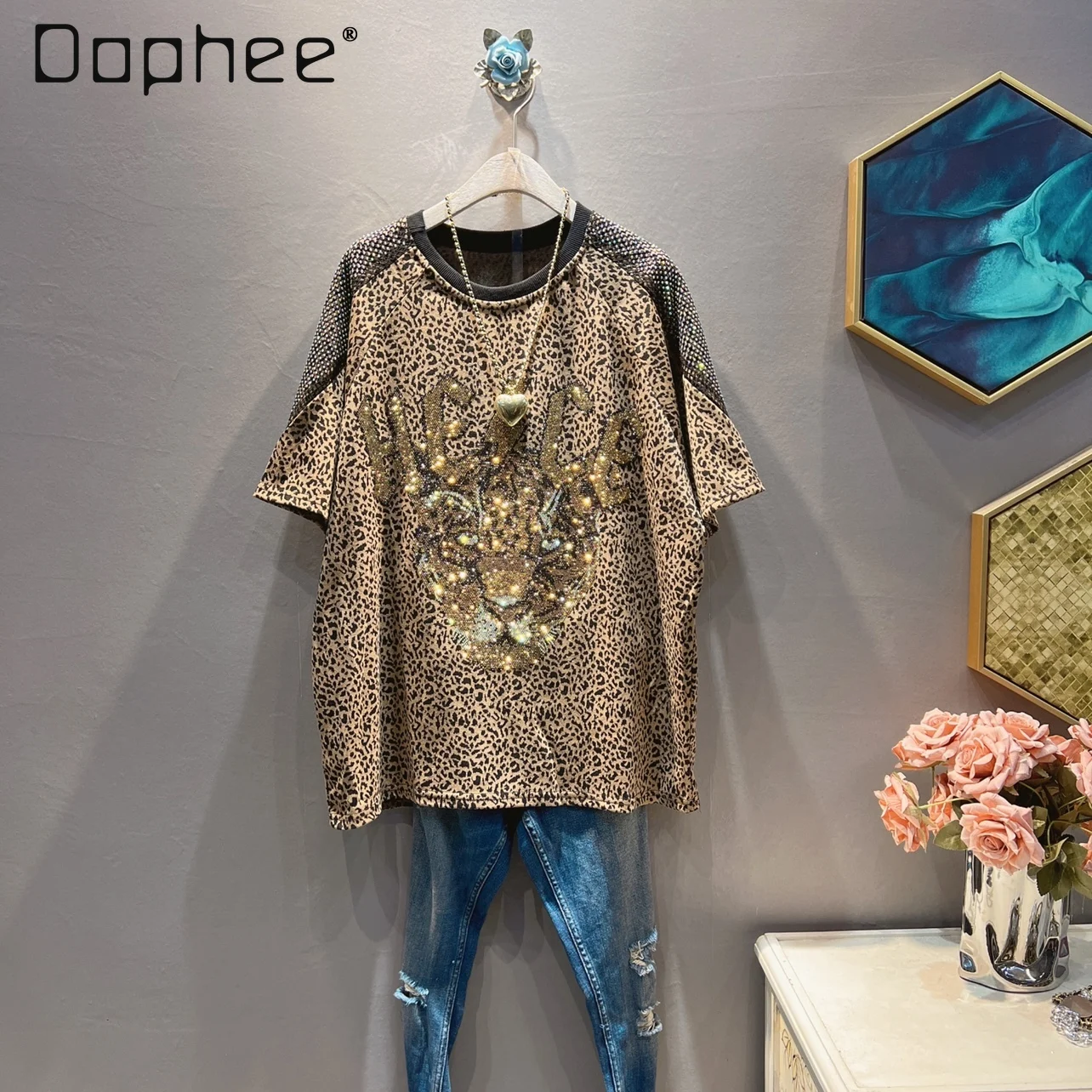 

Casual Rhinestone Brushed Yellow Leopard Print T-shirt 2024 Spring New European Large Size Women's Loose Personality T-shirts