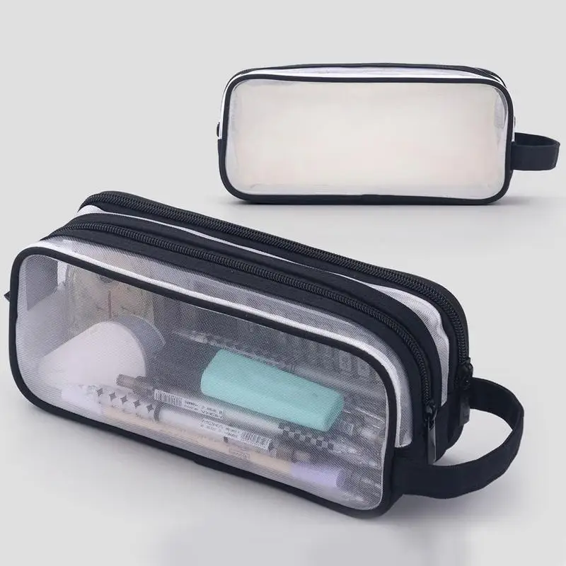 어린이용 그리드 메쉬 펜슬 케이스, 투명 지퍼 펜 가방, 투명 문구 메이크업 가방, 휴대용 다기능, 2 칸