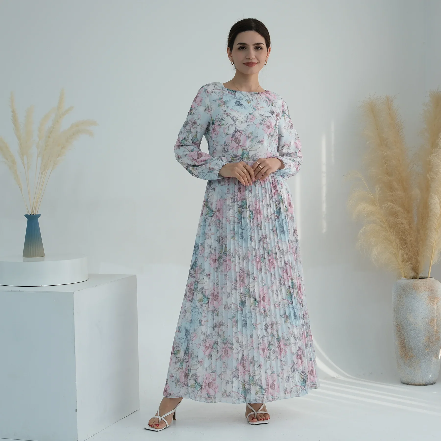 Muslim Dress Abaya Dubai Luxury Fashion Chiffon Floral Pleated Party Long Dresses for Women Islamic Clothing Kaftan Hijab Robe