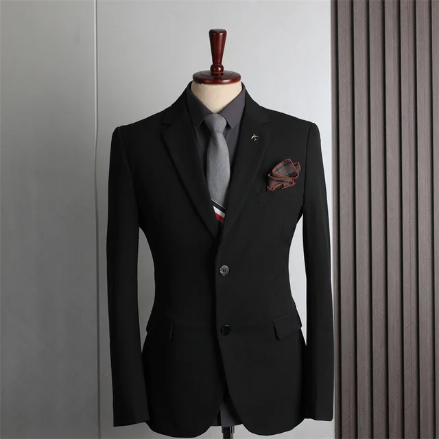KIDWHXR Man Blazer British Style Single-breasted Slim Male Outerwear Turn Down Collar Long Sleeve Pocket Wedding Suit Coat 2