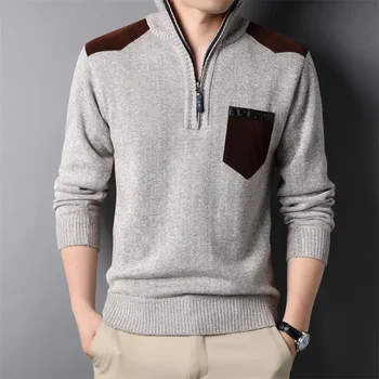 Camicia lavorata a maglia a maniche lunghe da uomo nuova autunno/inverno 2025 Fiore intrecciato Colletto con mezza cerniera Top caldo versatile 1