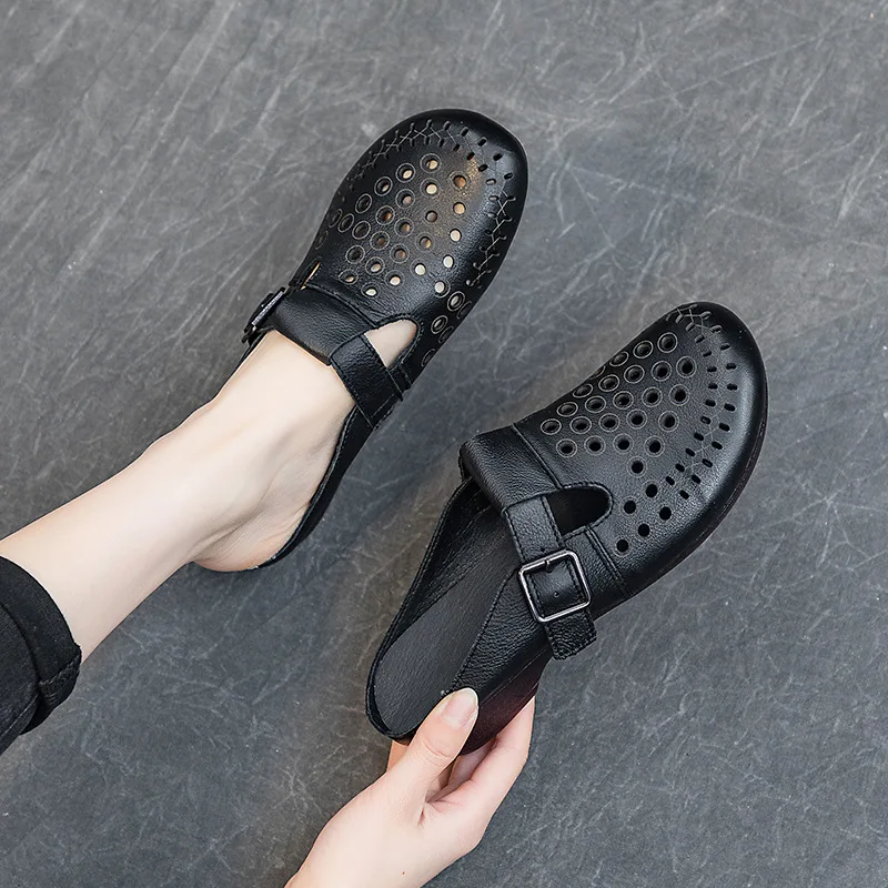 CICIYANG Women's Slippers Genuine Cowhide Leather 2024 Summer New Cover Toe Retro Flats Soft Sole Casual Outdoor Ladies Sandals