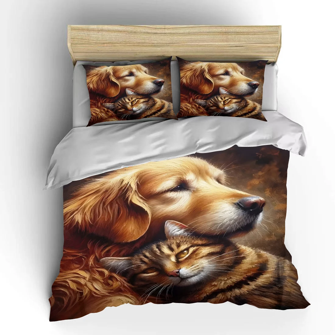 Warm dog and cat embrace painting Print Soft Comfortable Duvet Cover Bedding Set Included 1*Duvet Cover 2*Pillowcases 5