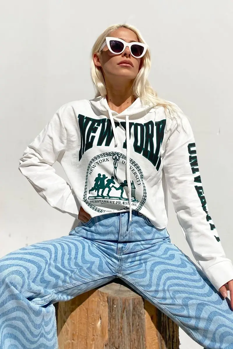 Moletom com Capuz Branco da Colheita Impresso ny 3 Moletom com capuz impresso ny branco da colheita