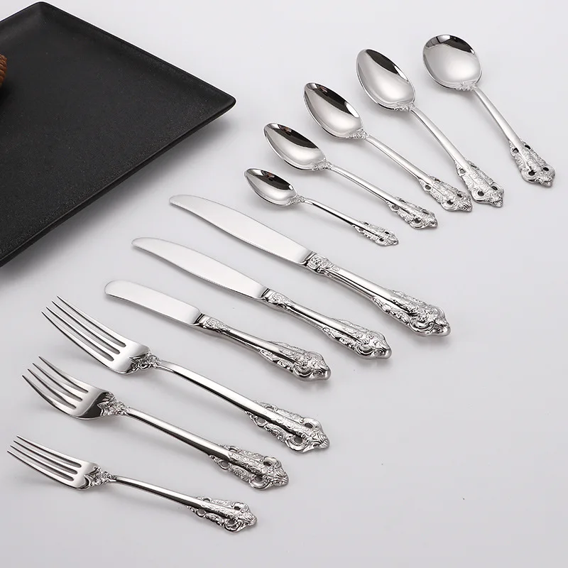 1Pcs Luxury Silver Dinner Set Vintage Western Stainless Steel Cutlery Sets Wedding Engraving Tableware Knife Fork Spoon Teapoon