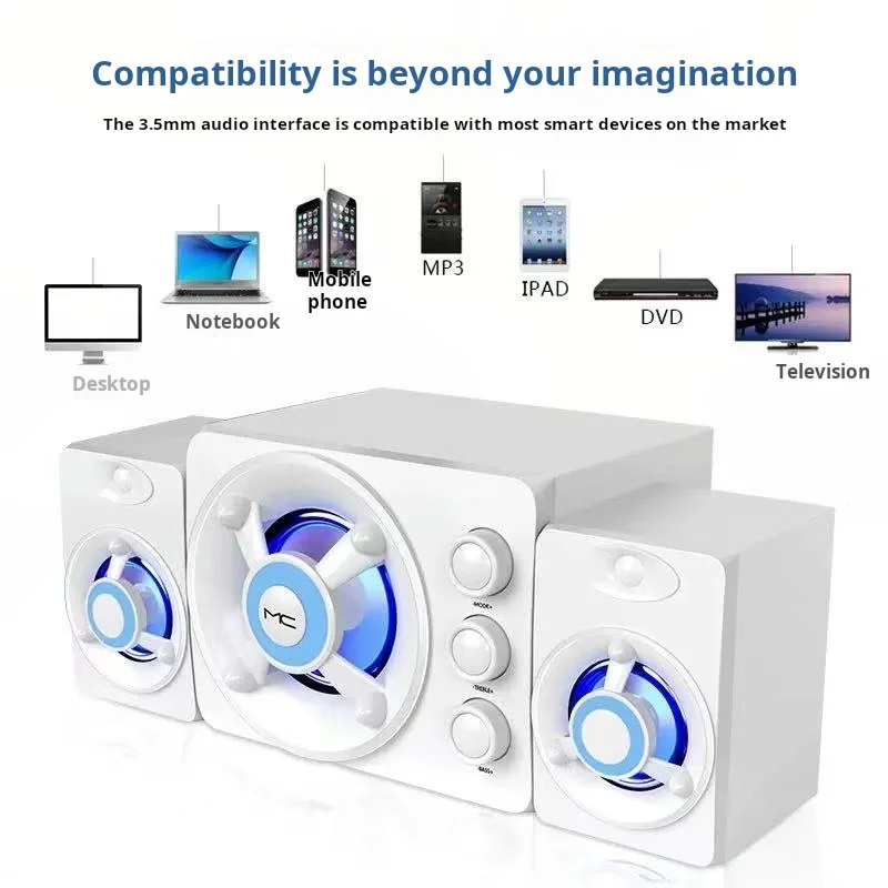 3D Hifi Stereo USB Active Bluetooth Speaker Computer Multimedia RGB Subwoofer AUX, USB, TF Suitable for TV, Computer Audio