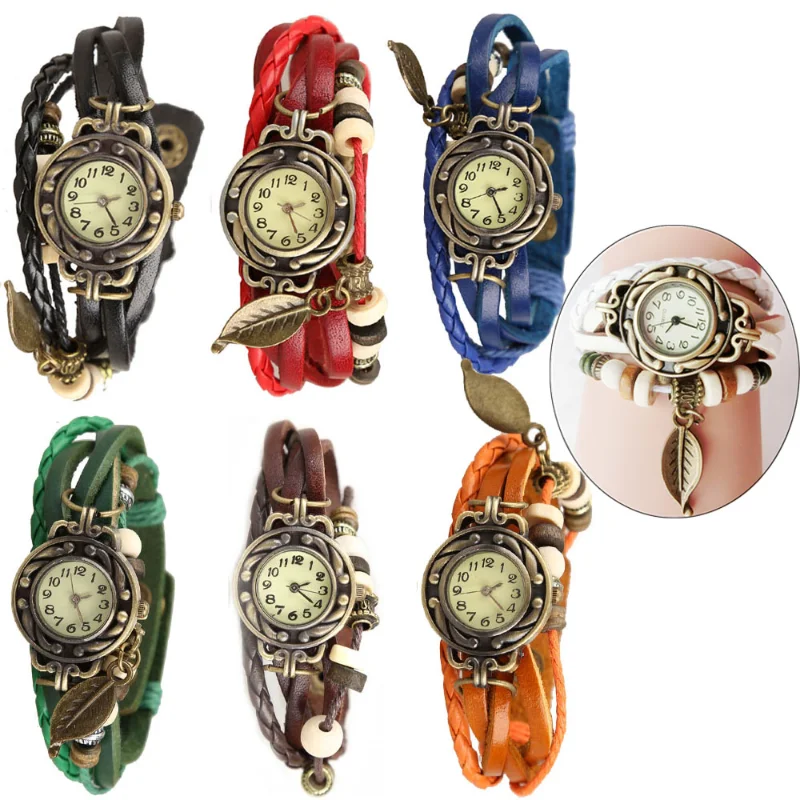 

High Quality Women Casual Vintage Multilayer Leaf Pendant Leather Bracelet Ladies Wrist Watch Handmade Braided Watches Xmas Gift