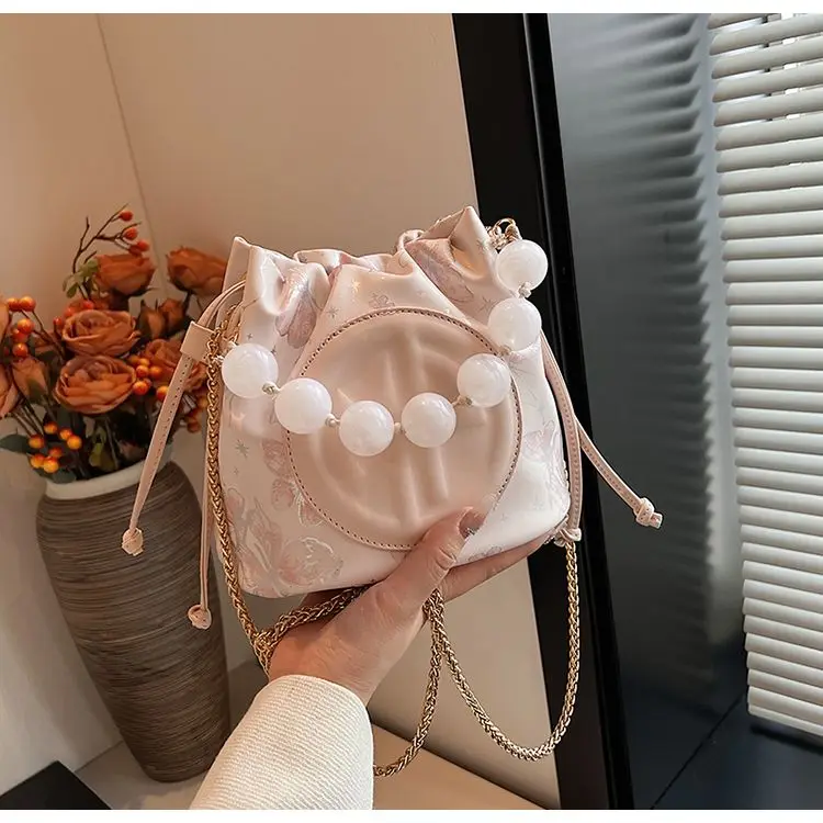 Sweet Drawstring Gather Bucket Bag Women Butterfly Print Patchwork Shoulder Bags Ladies Beaded Handle Elegant Crossbody Bag 2025