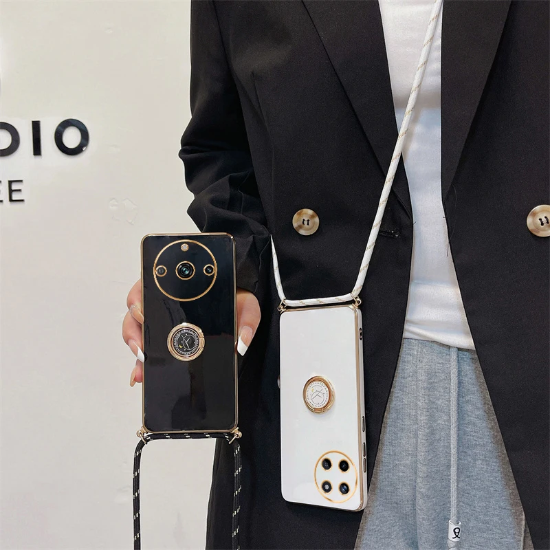Luxury Plating Ring Holder Crossbody Lanyard Phone Case with Cord Strap Cover
