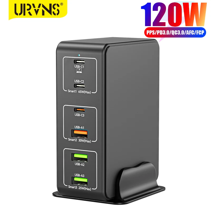 

URVNS 120W USB C Super Fast Charger 6-Port PD 65W PPS45W Phone Laptop USB-C Charging Station for MacBook Pro/Air XPS iPad iPhone