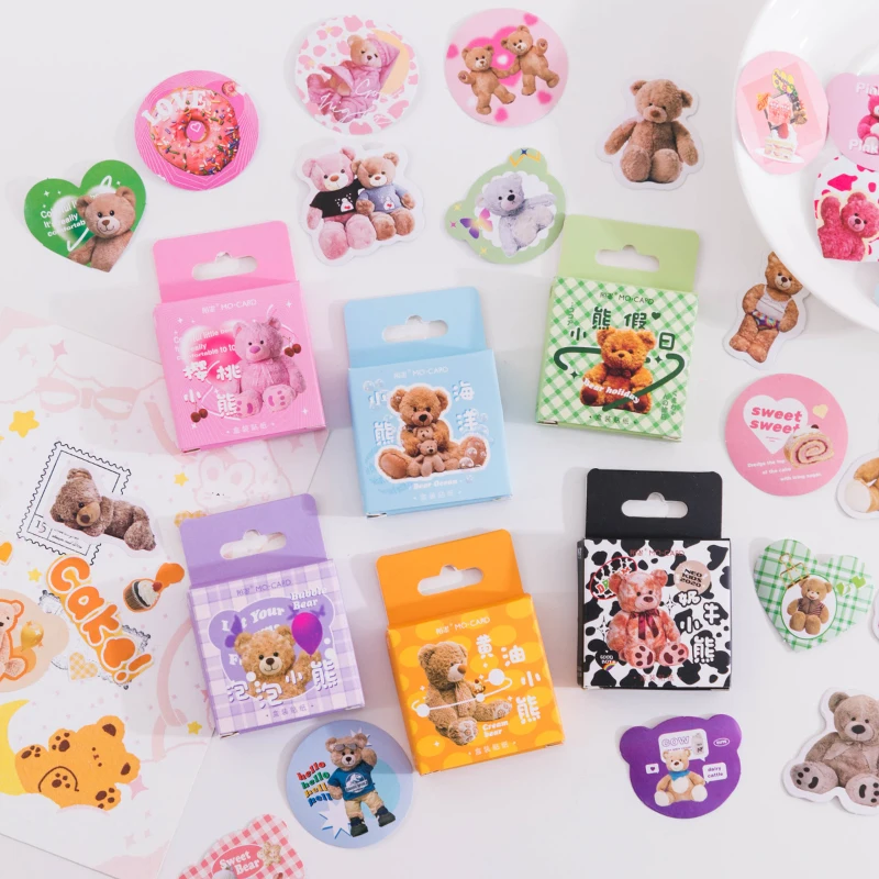 45Pcs Mini Box Material literary Cartoon Bear Scrapbooking Hand Account Base Diary pink School Supplies Scrapbooking stickers