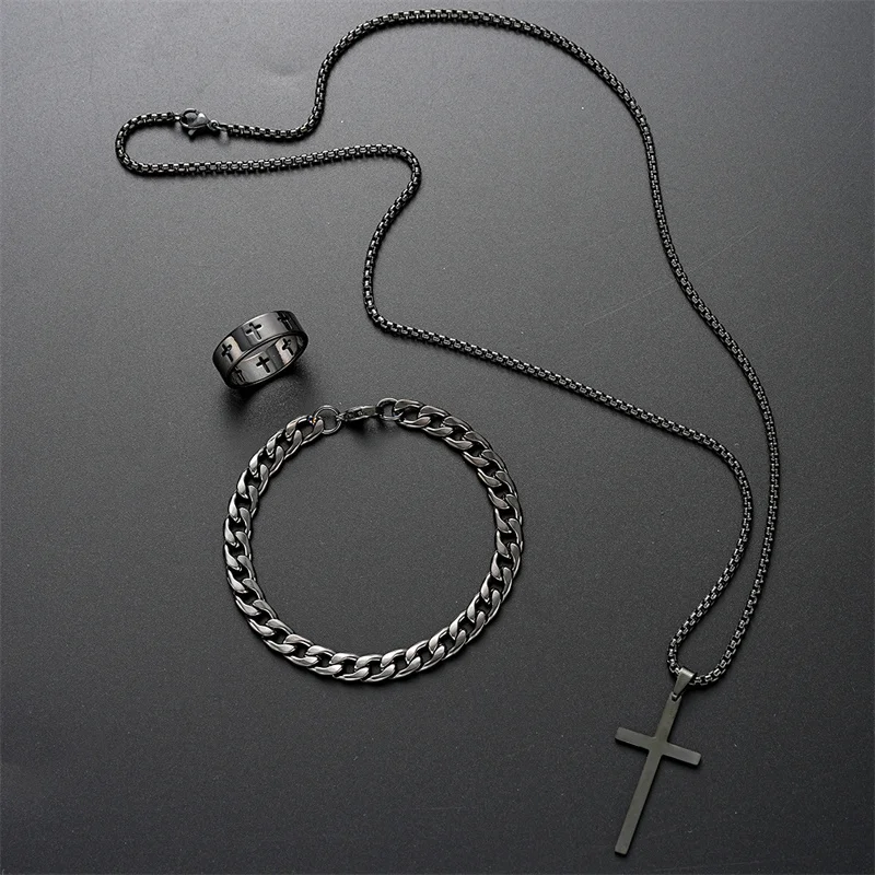 Schwarze Halskette mit Kreuzanhänger aus Titanstahl für Männer und Frauen, minimalistisches männliches und weibliches Halsband, Box-Kette, Halskette, Party-Schmuckset_voghion.com